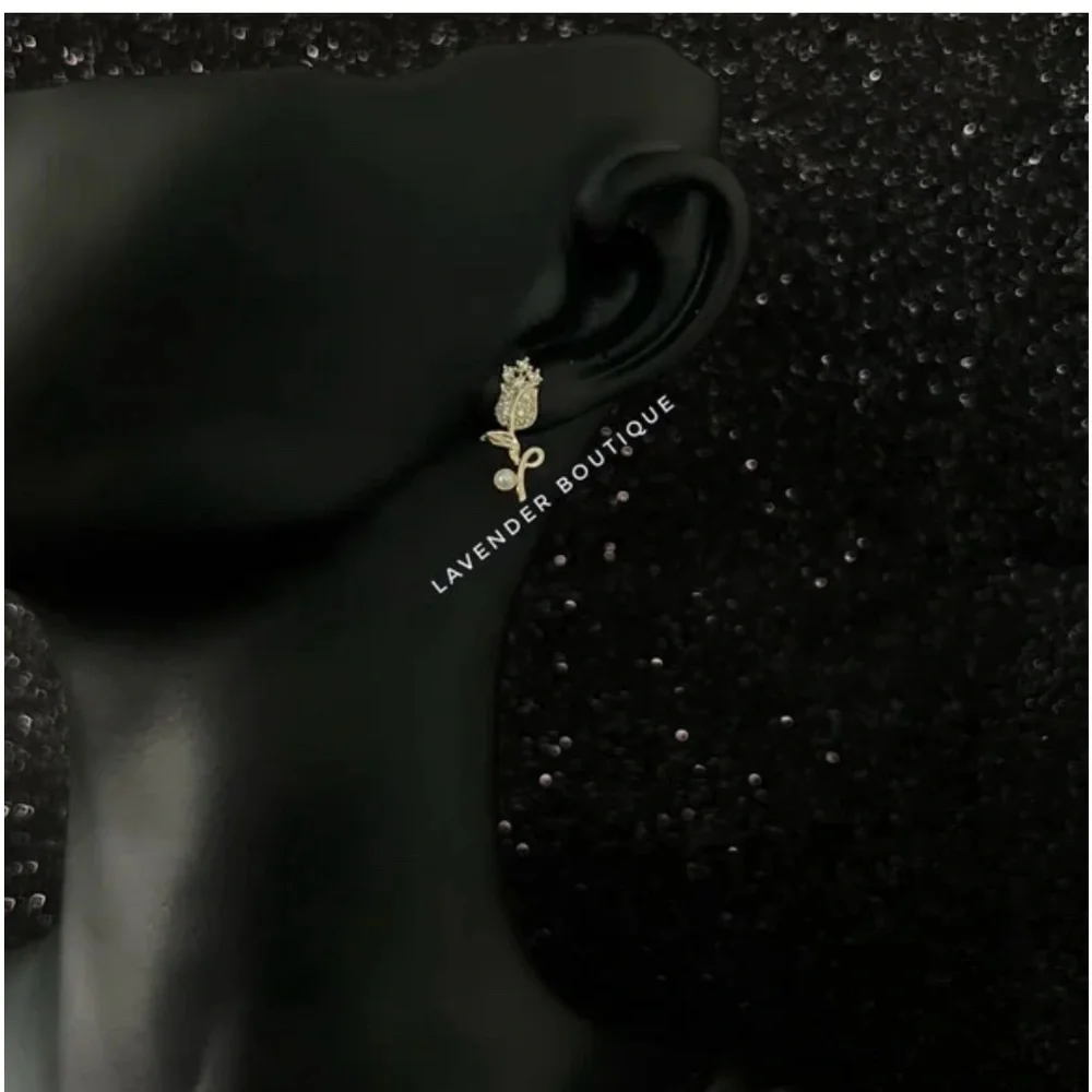💎 NEW 14K Gold Plated Diamond Rose Flower Necklace & Earrings Set